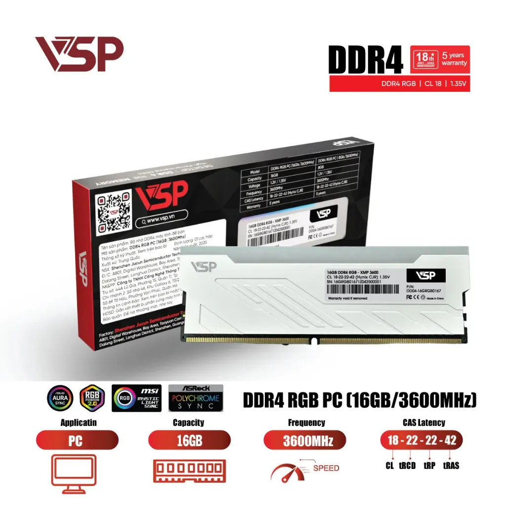 [00000414] Bộ nhớ Ram Desktop VSP RGB 16GB DDR4 3600MHz